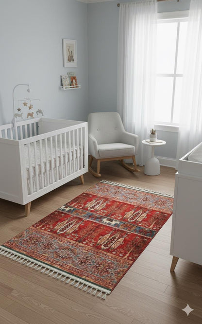 Red Vintage Rug: Classic Washable Rug with Tassels
