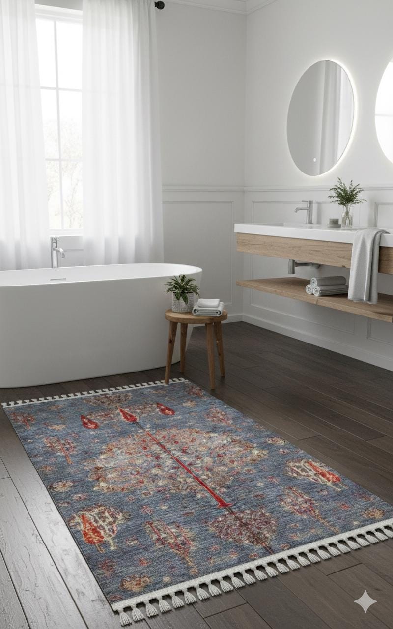 Blue Vintage Orienatl Rug: Classic Washable Rug with Tassels