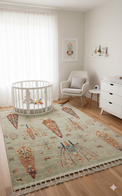 Beige Vintage Rug: Washable Living Room Rug with Tassels