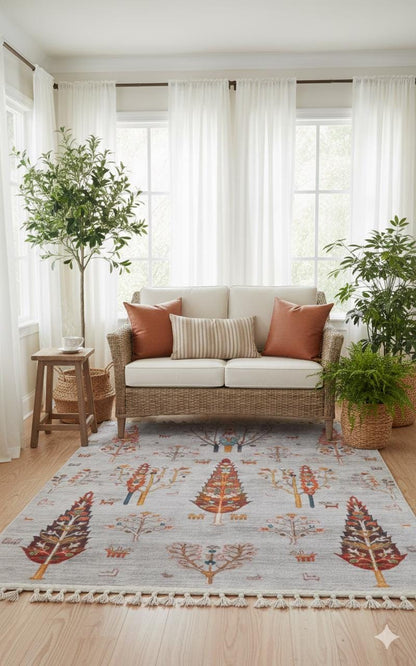 Blue Vintage Orienatl Rug: Classic Washable Rug with Tassels