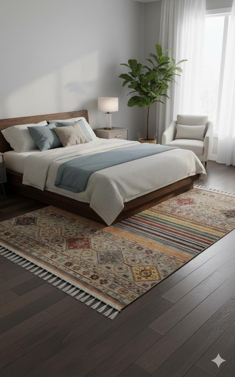 Beige Vintage Rug: Washable Living Room Rug with Tassels