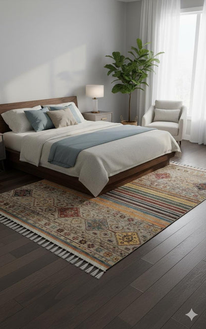 Beige Vintage Rug: Washable Living Room Rug with Tassels