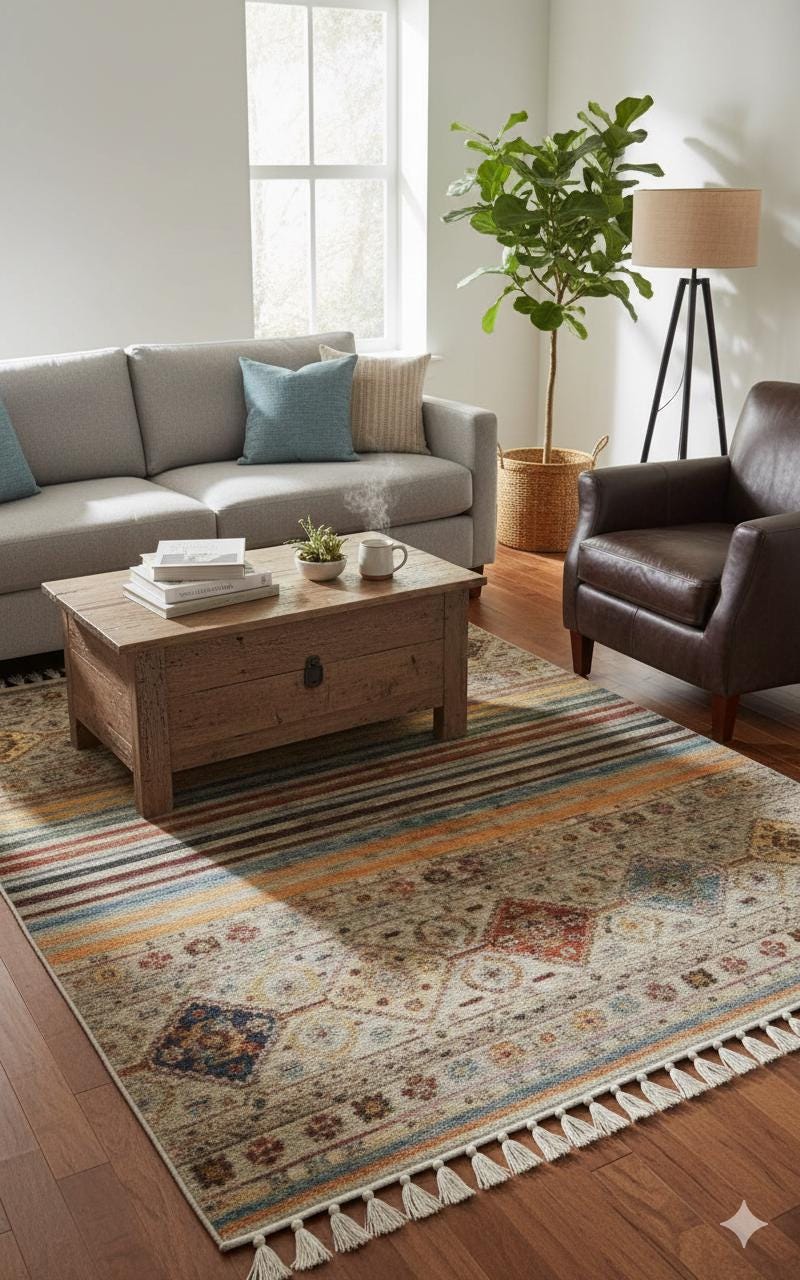 Beige Vintage Rug: Washable Living Room Rug with Tassels