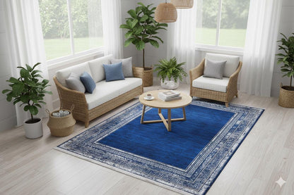 Navy Blue Greek Key Area Rug – Distressed Medallion Border Carpet, Boho Home Decor
