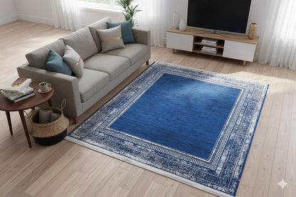 Navy Blue Greek Key Area Rug – Distressed Medallion Border Carpet, Boho Home Decor