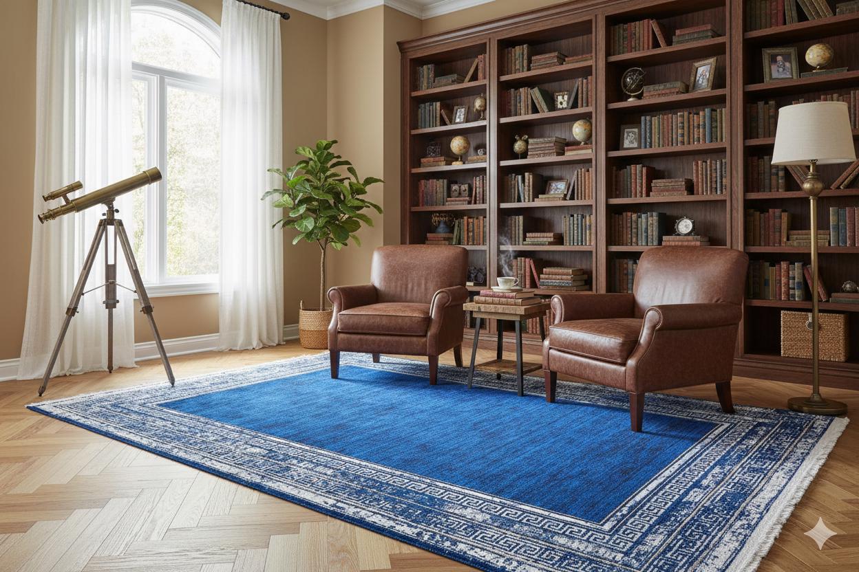 Navy Blue Greek Key Area Rug – Distressed Medallion Border Carpet, Boho Home Decor