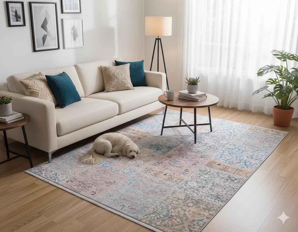 Distressed Patchwork Area Rug – Boho Persian Style, Machine Washable Carpet