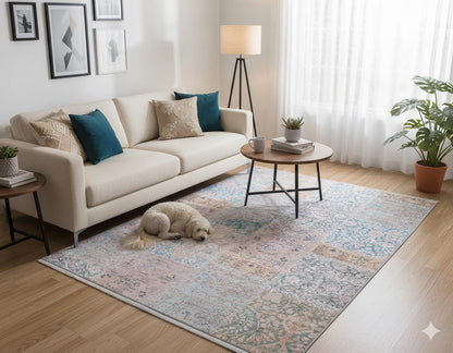 Distressed Patchwork Area Rug – Boho Persian Style, Machine Washable Carpet