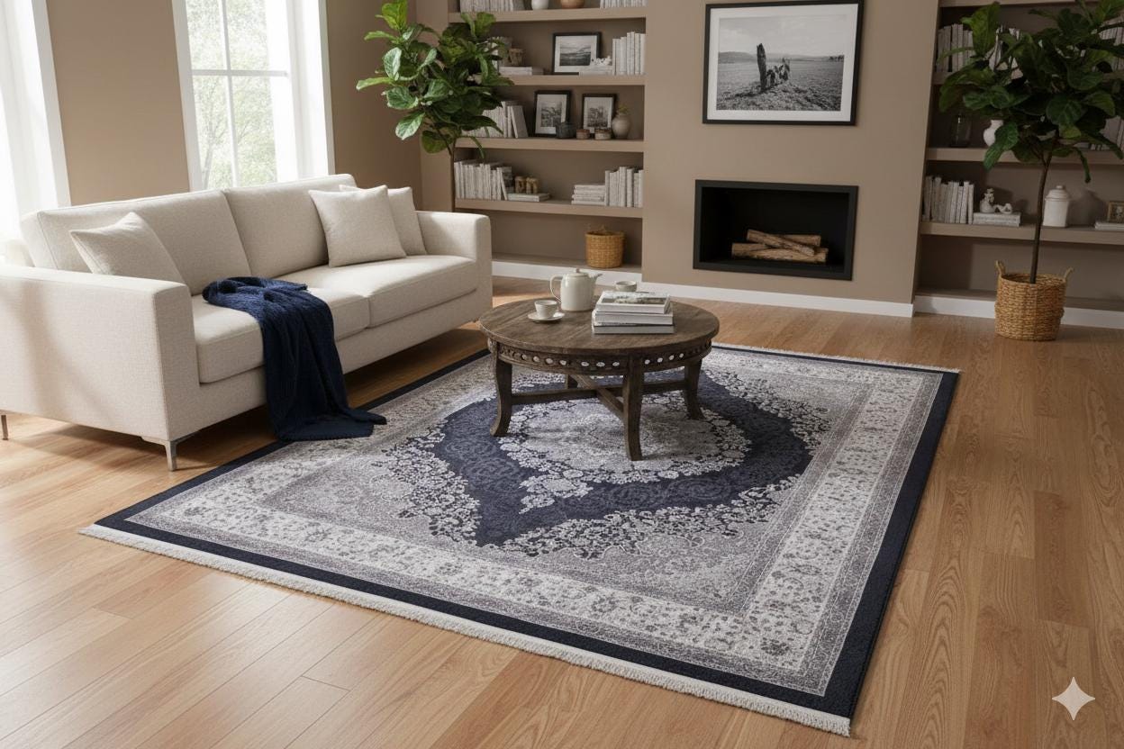 Machine Washable Persian Style Medallion Rug, Distressed Charcoal Grey Living Room Carpet