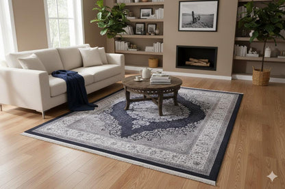 Machine Washable Persian Style Medallion Rug, Distressed Charcoal Grey Living Room Carpet