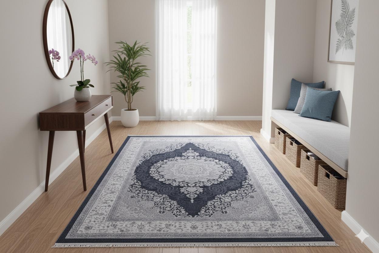 Machine Washable Persian Style Medallion Rug, Distressed Charcoal Grey Living Room Carpet
