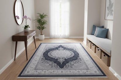 Machine Washable Persian Style Medallion Rug, Distressed Charcoal Grey Living Room Carpet