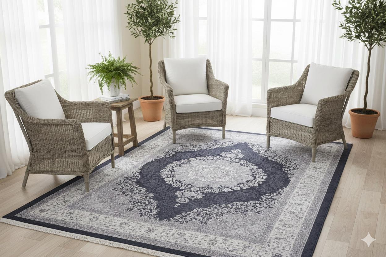 Machine Washable Persian Style Medallion Rug, Distressed Charcoal Grey Living Room Carpet