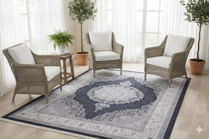 Machine Washable Persian Style Medallion Rug, Distressed Charcoal Grey Living Room Carpet