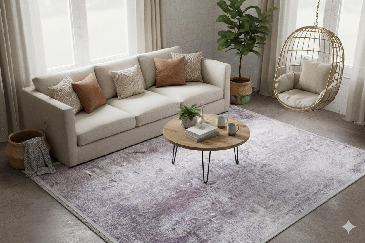 Distressed Lavender Area Rug – Modern Boho Washable Carpet, Soft Purple Living Room Accent