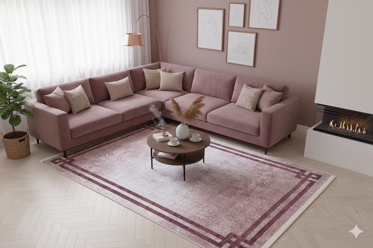 Distressed Greek Key Border Rug – Washable Terracotta Cream Faded Antique Carpet