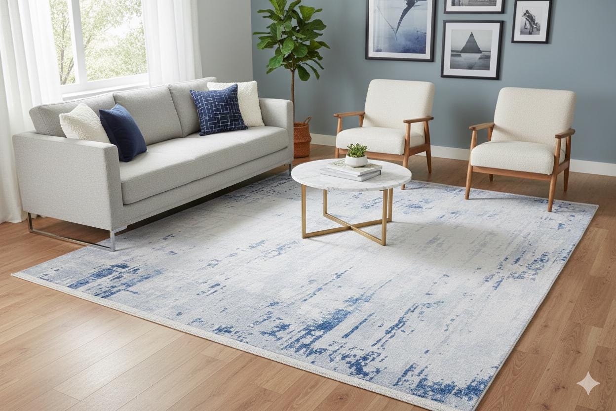 Washable Abstract Blue Watercolor Rug • Distressed Modern Carpet, Easy Clean Non-Slip