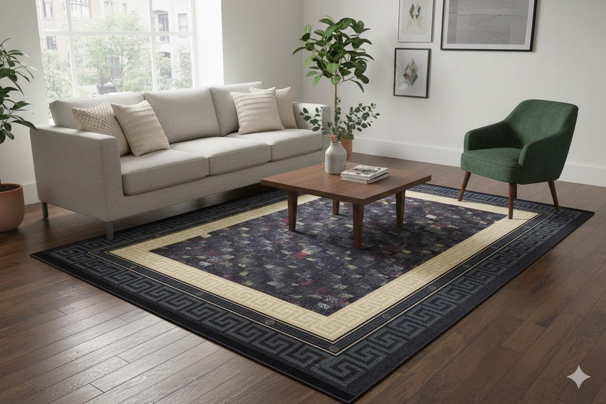 Modern Greek Key Area Rug – Black Gold Meander Border Carpet, Washable, Non-Slip