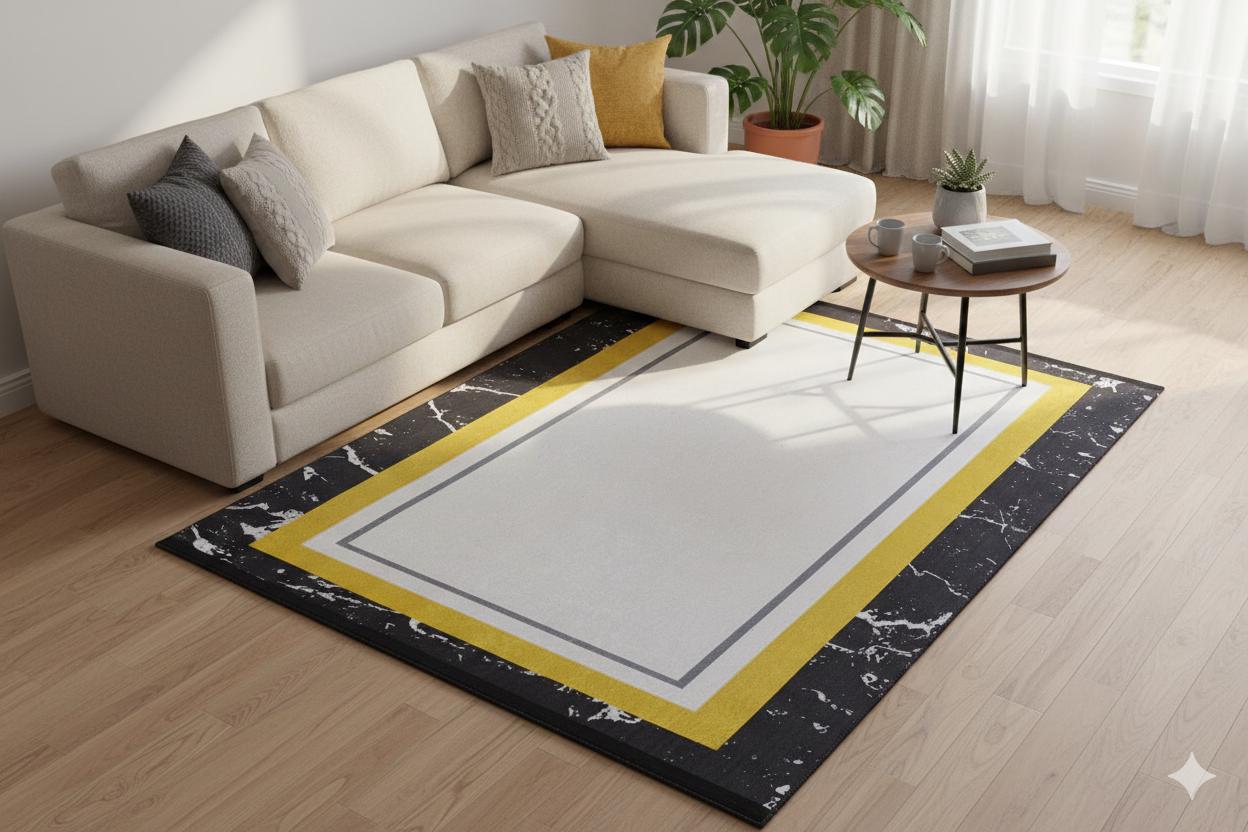 Modern Marble Geometric Area Rug – Black, Yellow, White Abstract Carpet