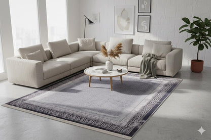 Distressed Persian Style Rug – Blue Grey Greek Key Border, Washable Boho Carpet
