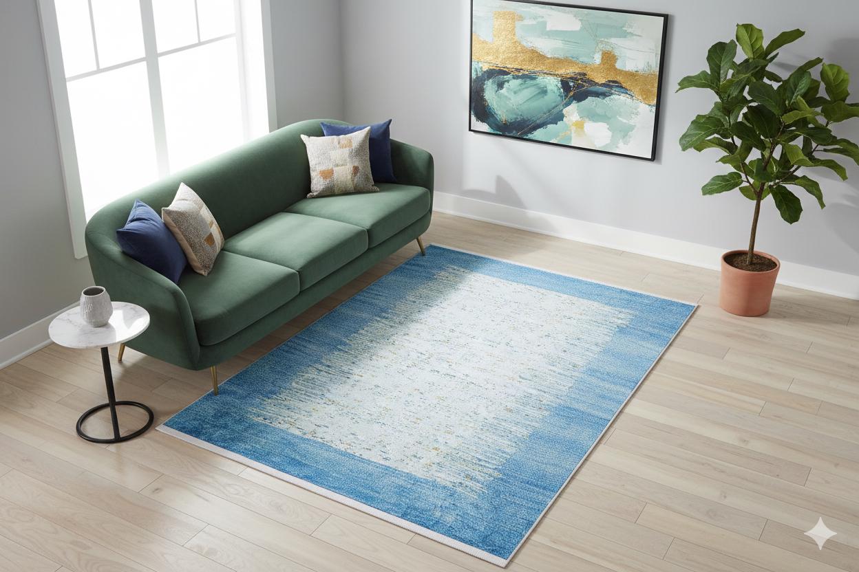 Blue Abstract Area Rug, Modern Minimalist Scandinavian Carpet, Soft Living Room Floor Rug