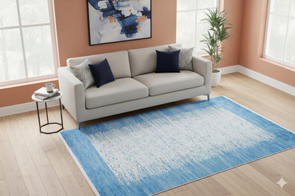Blue Abstract Area Rug, Modern Minimalist Scandinavian Carpet, Soft Living Room Floor Rug