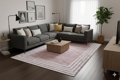 Distressed Rose Pink Bordered Area Rug – Machine Washable Modern Bohemian Carpet