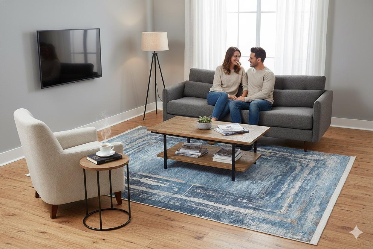 Distressed Blue Abstract Area Rug – Coastal Washable Carpet, Kid/Pet Friendly