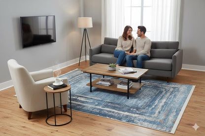 Distressed Blue Abstract Area Rug – Coastal Washable Carpet, Kid/Pet Friendly