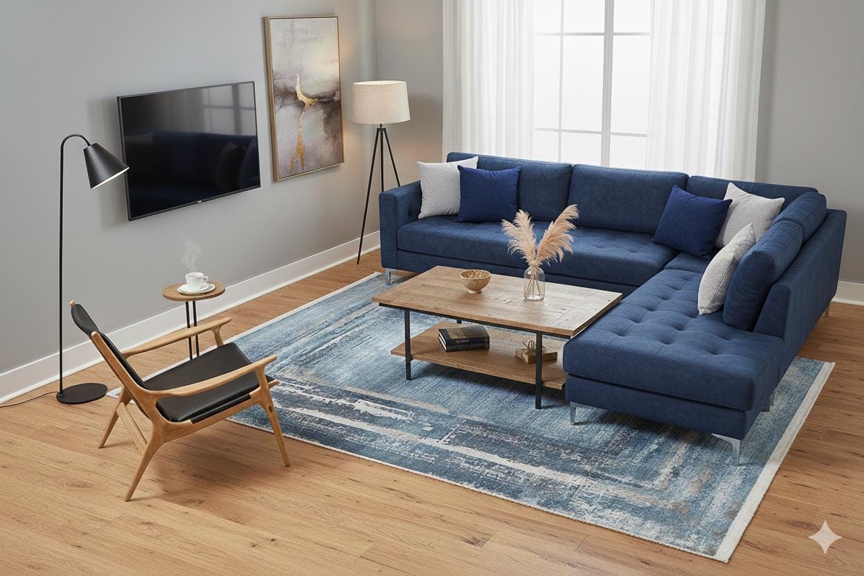 Distressed Blue Abstract Area Rug – Coastal Washable Carpet, Kid/Pet Friendly