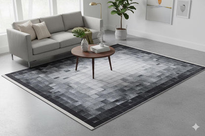 Modern Geometric Area Rug, Black White Pixel Pattern, Washable Scandinavian Carpet