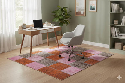 Handmade Pink Patchwork Wool Rug: Bohemian Turkish Area Rug