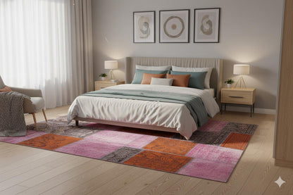 Handmade Pink Patchwork Wool Rug: Bohemian Turkish Area Rug