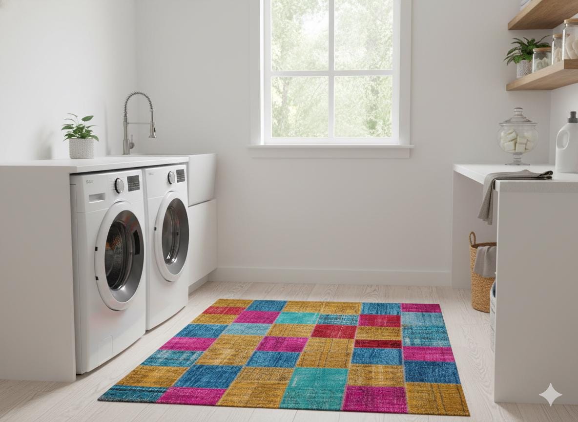 Handmade Wool Patchwork Turkish Rug: Bohemian Area Rug (6.9x9.8 ft)