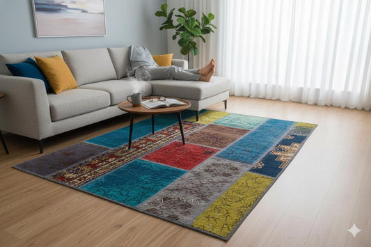Handmade Wool Patchwork Turkish Rug - 3.6x5.6 ft - Bohemian Area Rug