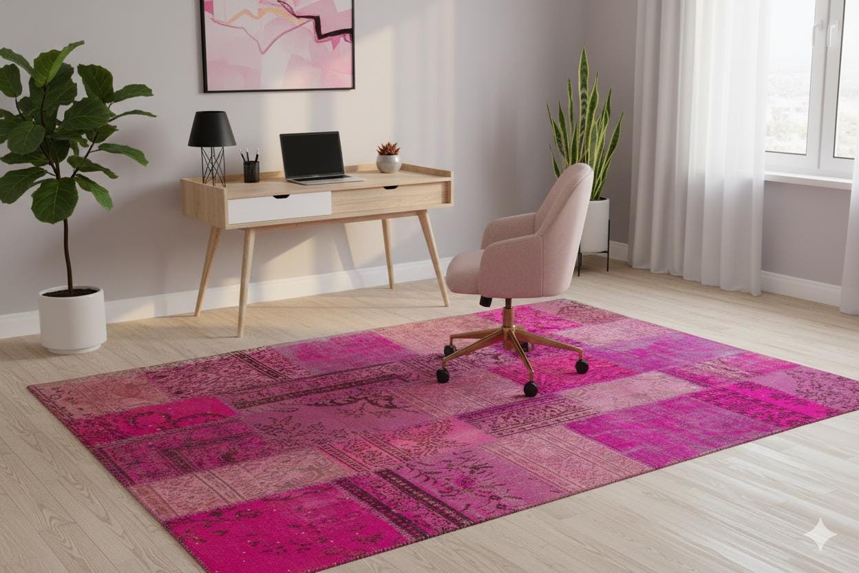 Handmade Pink Patchwork Rug: Bohemian Wool Area Rug (6.6x9.8 ft)