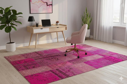 Handmade Pink Patchwork Rug: Bohemian Wool Area Rug (6.6x9.8 ft)