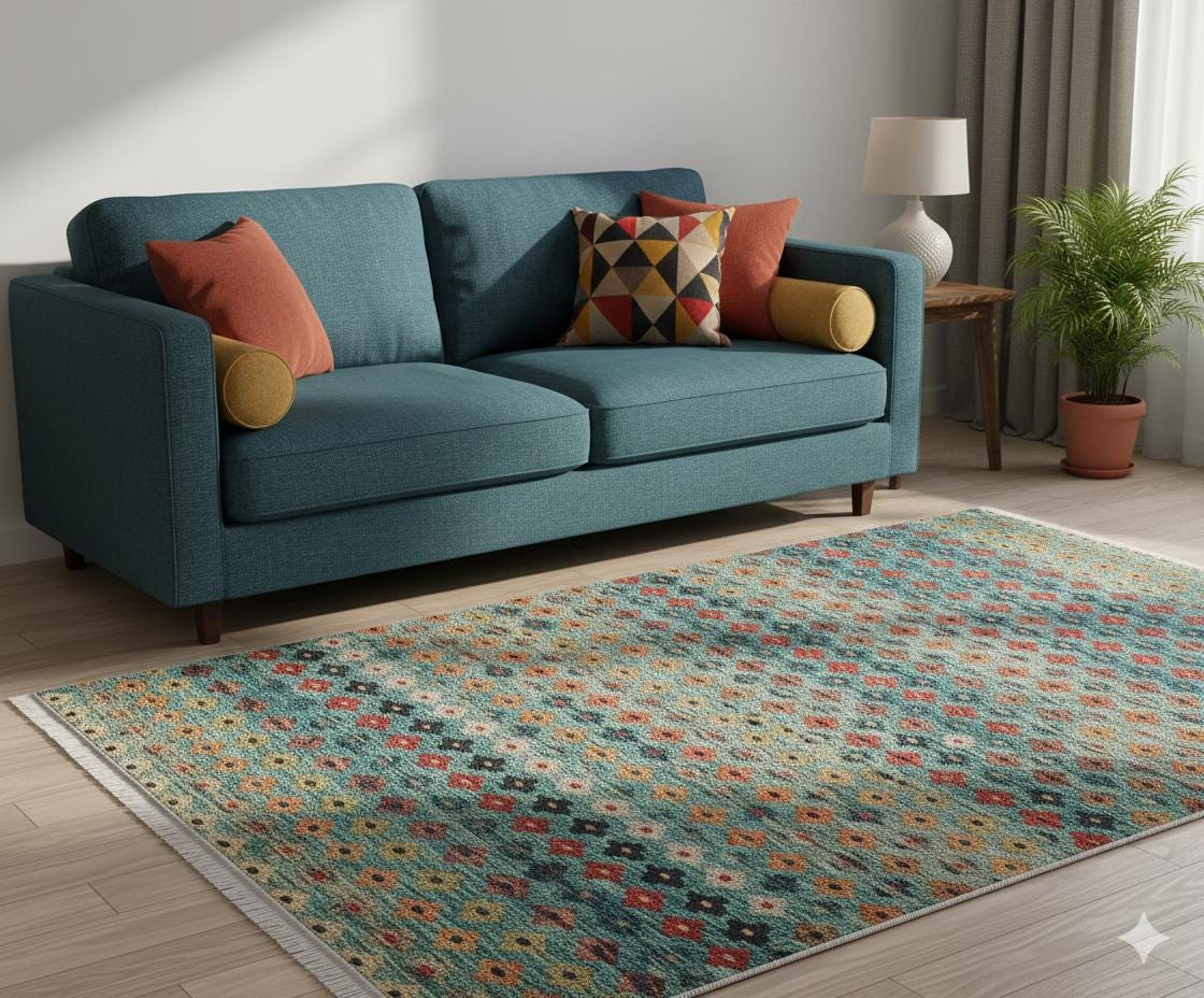 Washable Kilim-Style Area Rug: Boho Geometric Design