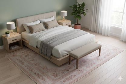 Blush Pink Vintage Floral Area Rug – Washable Traditional Carpet with Border