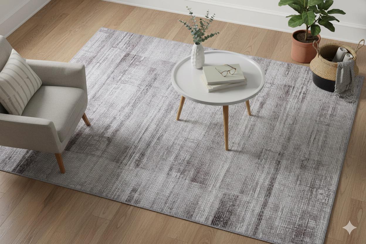 Washable Modern Abstract Area Rug – Distressed Gray Textured Carpet