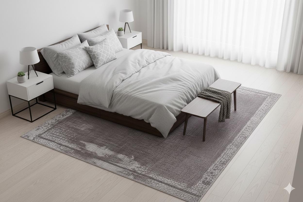 Distressed Abstract Area Rug – Muted Plum, Charcoal Grey, Low Pile Carpet