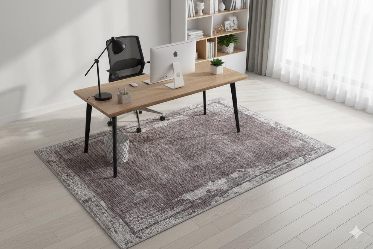 Distressed Abstract Area Rug – Muted Plum, Charcoal Grey, Low Pile Carpet