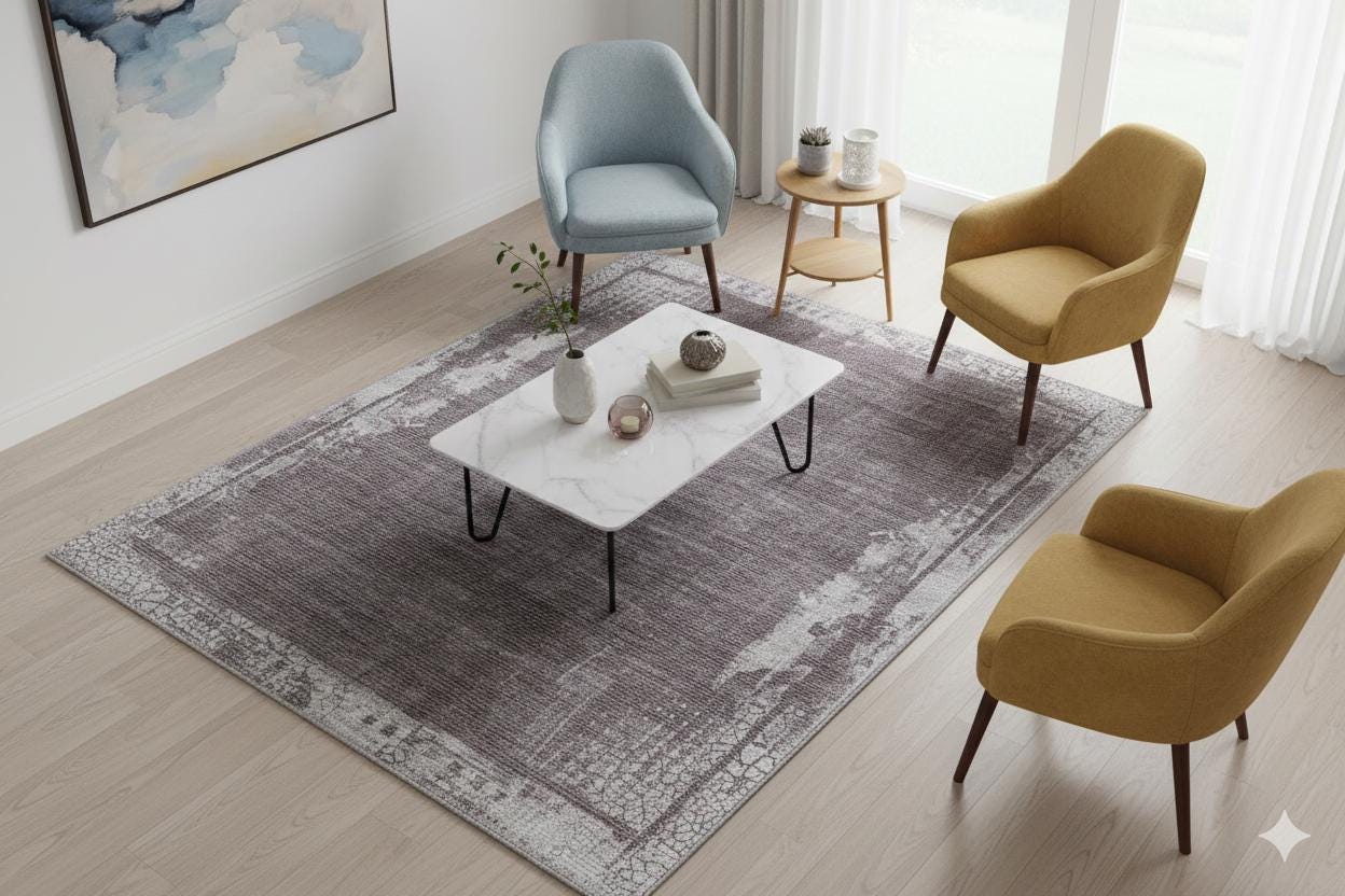 Distressed Abstract Area Rug – Muted Plum, Charcoal Grey, Low Pile Carpet