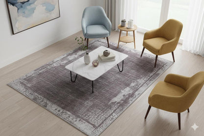 Distressed Abstract Area Rug – Muted Plum, Charcoal Grey, Low Pile Carpet