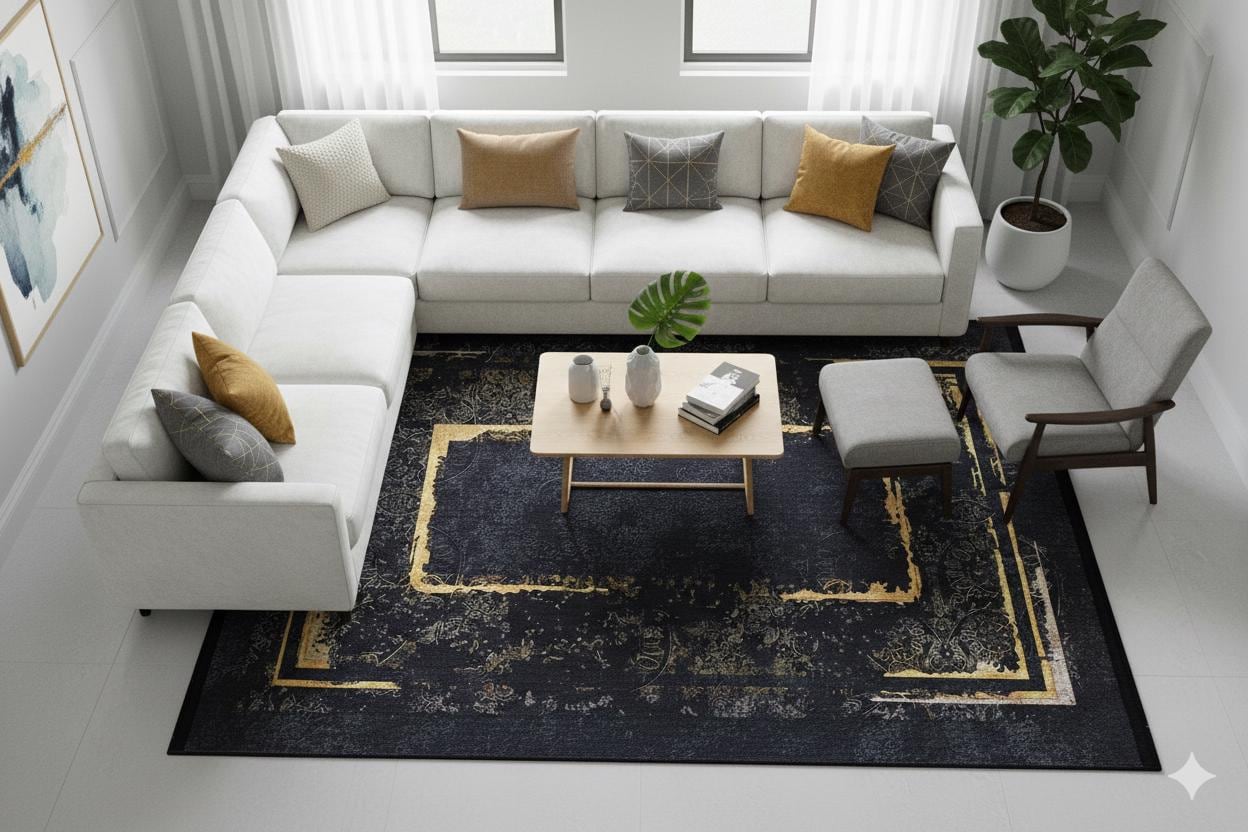 Black Gold Distressed Area Rug, Modern Geometric Border Carpet