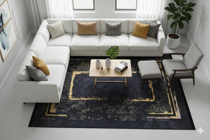 Black Gold Distressed Area Rug, Modern Geometric Border Carpet