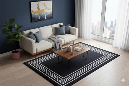 Black White Greek Key Area Rug – Modern Minimalist Meander Living Room Carpet
