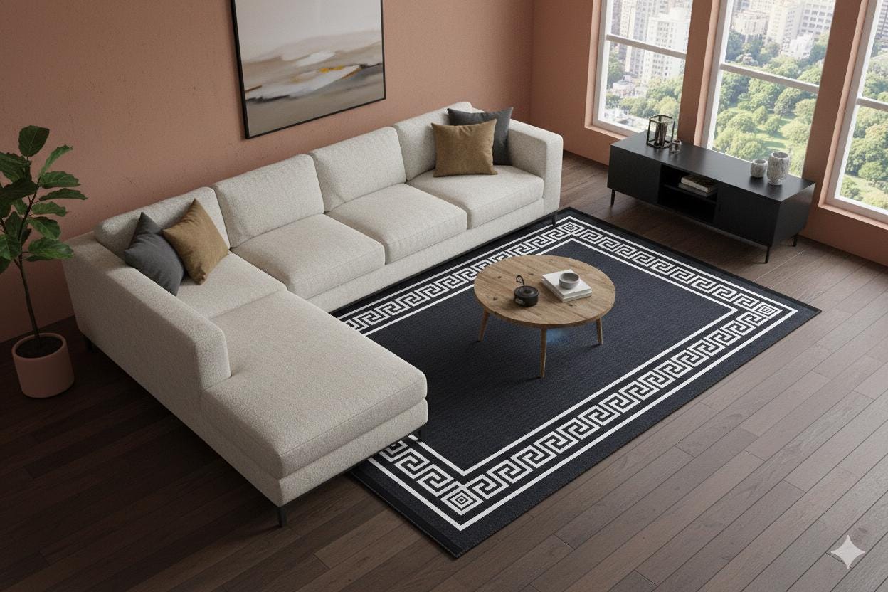Black White Greek Key Area Rug – Modern Minimalist Meander Living Room Carpet