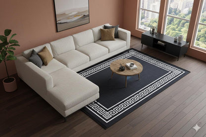 Black White Greek Key Area Rug – Modern Minimalist Meander Living Room Carpet