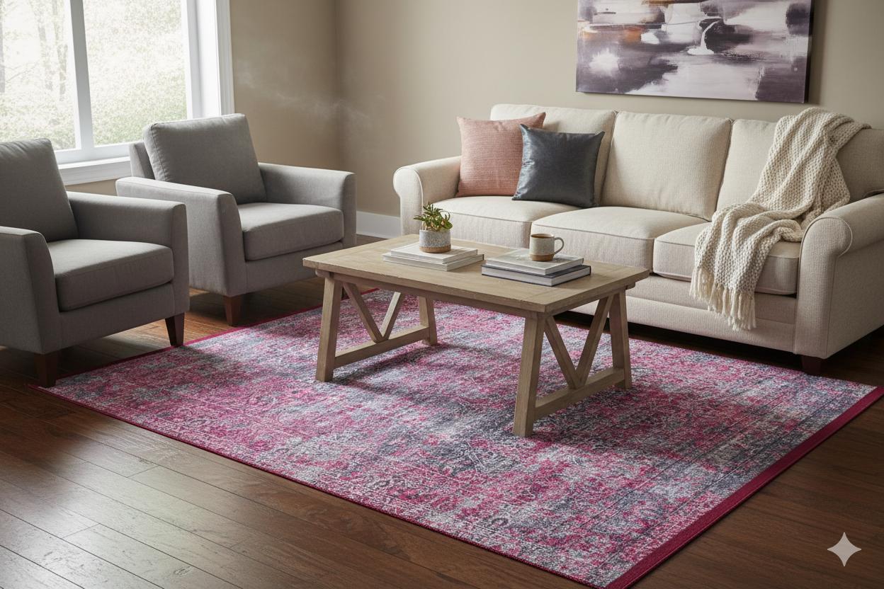 Distressed Magenta Persian Style Area Rug – Boho Living Room, Machine Washable Carpet